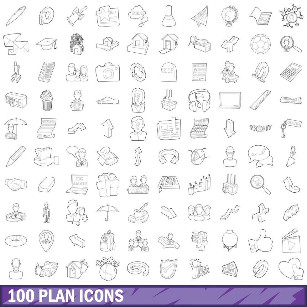 100 plan icons set, outline style vector