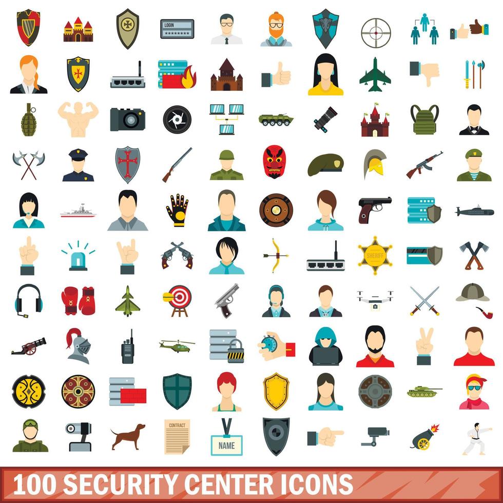 100 iconos del centro de seguridad, estilo plano vector