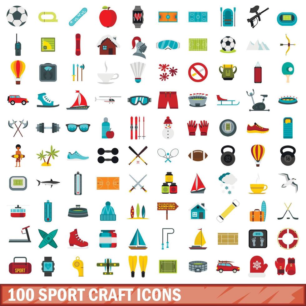 100 sport craft icons set, flat style vector