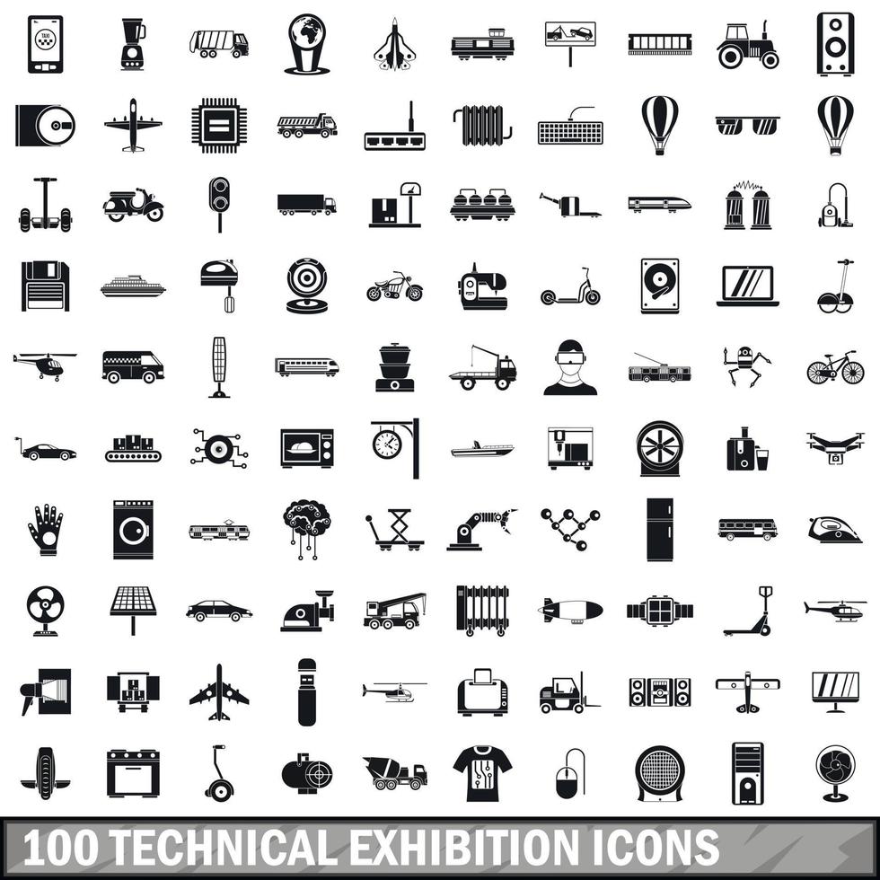 100 technical exhibition icons set, simple style vector