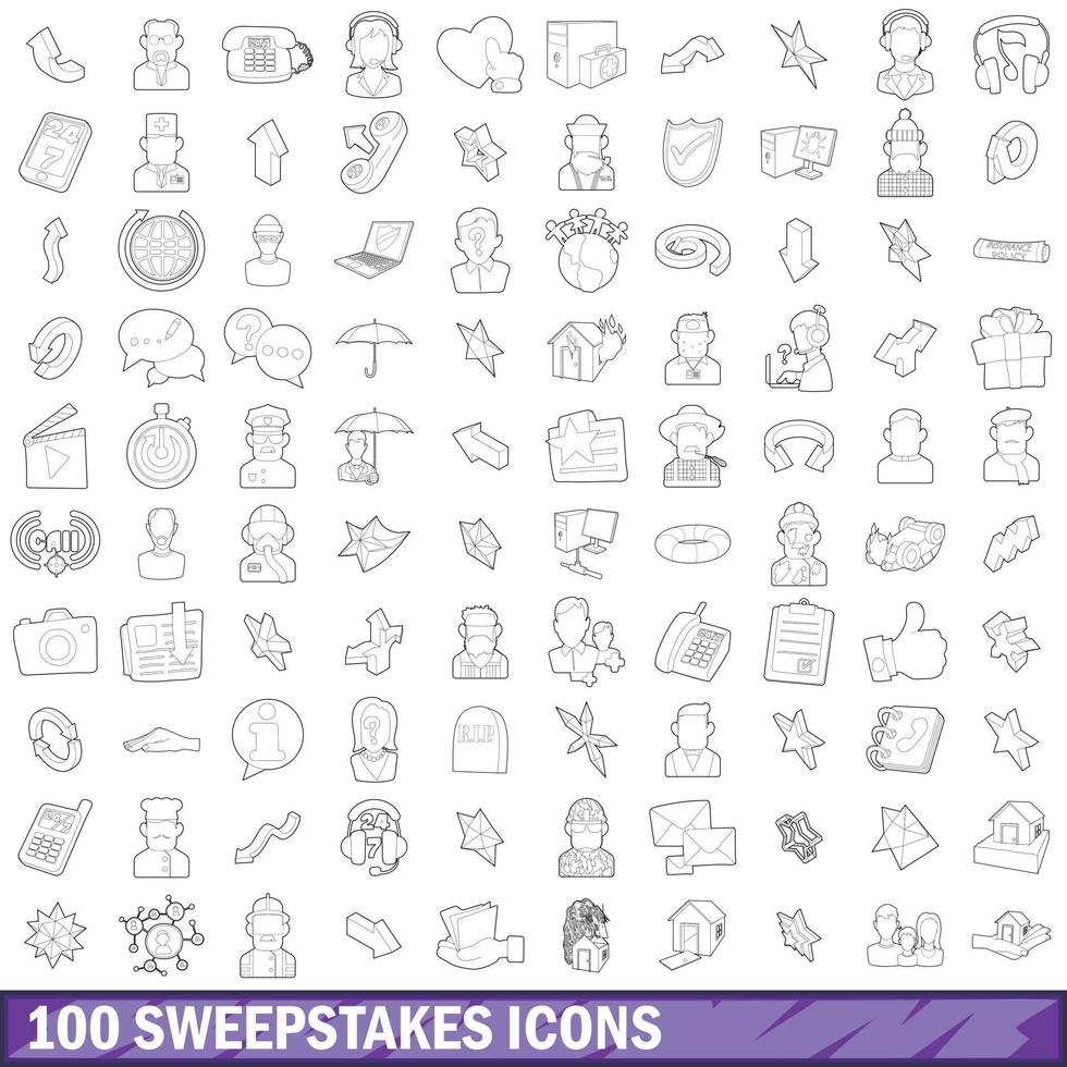 100 sweepstakes icons set, outline style vector