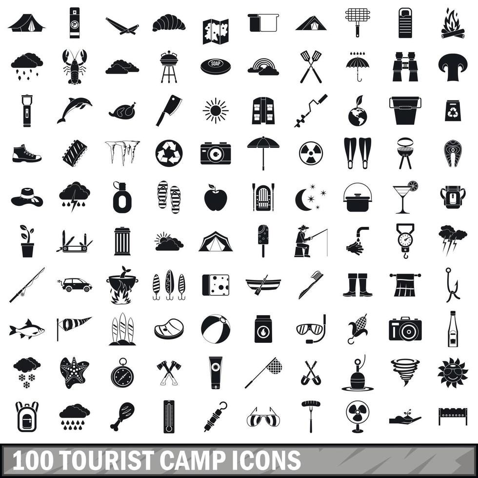 100 iconos de campamento turístico, estilo simple vector