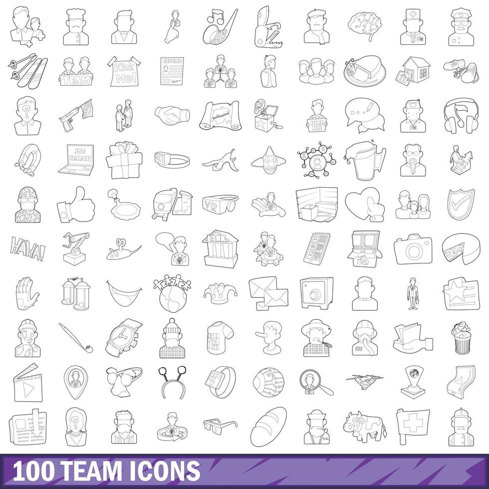 100 team icons set, outline style vector