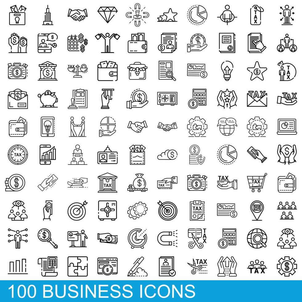 100 business icons set, outline style vector