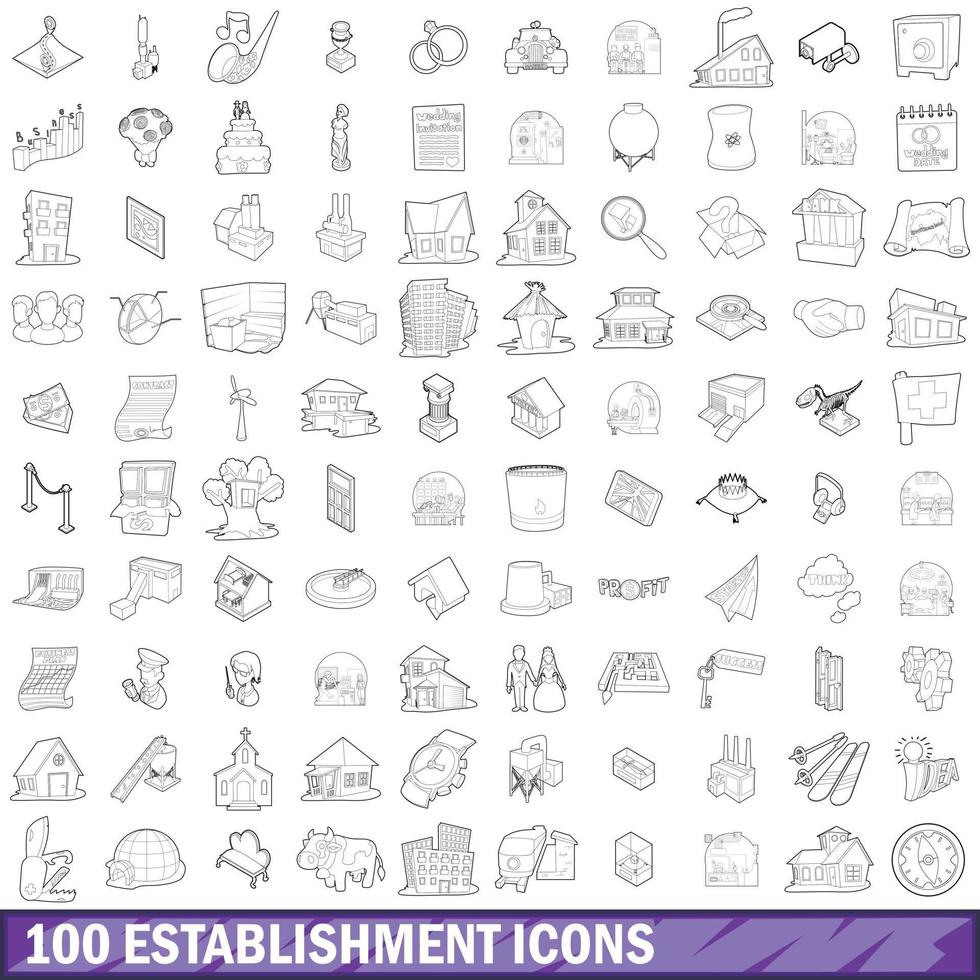 100 iconos de establecimiento establecidos, estilo de contorno vector