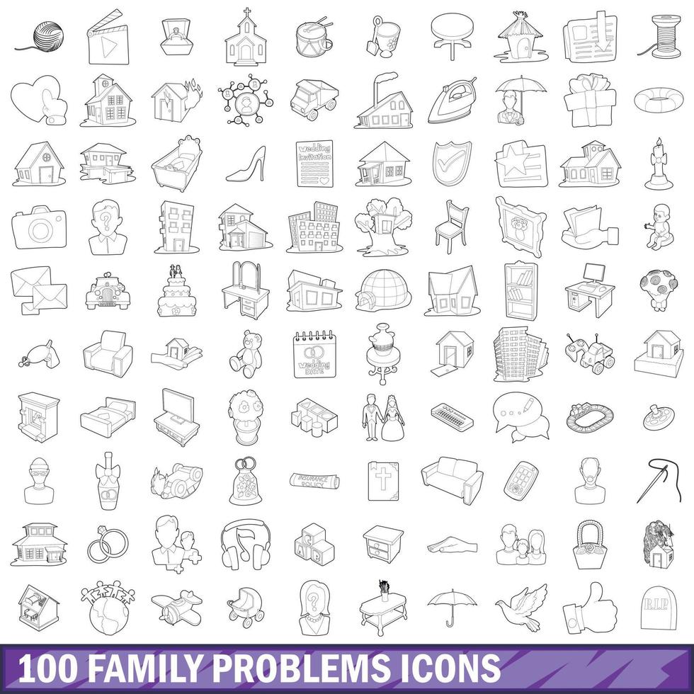 100 family problems icons set, outline style vector