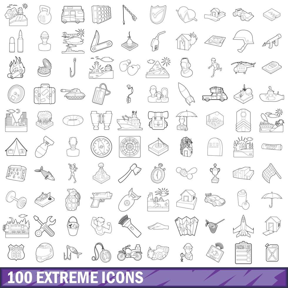 100 extreme icons set, outline style vector