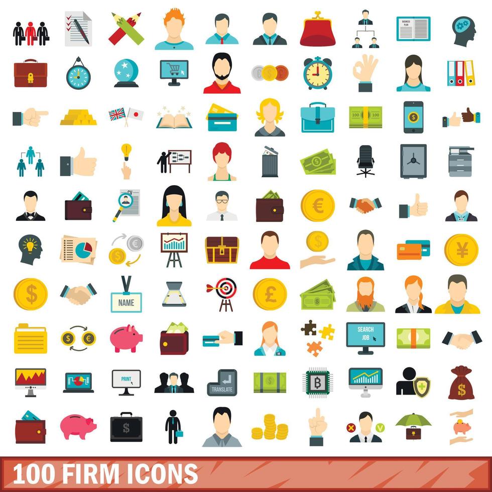 100 firm icons set, flat style vector