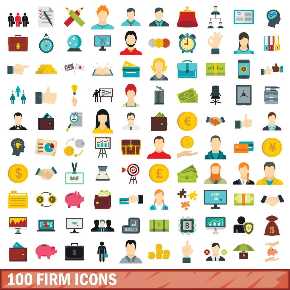 100 iconos firmes, estilo plano vector