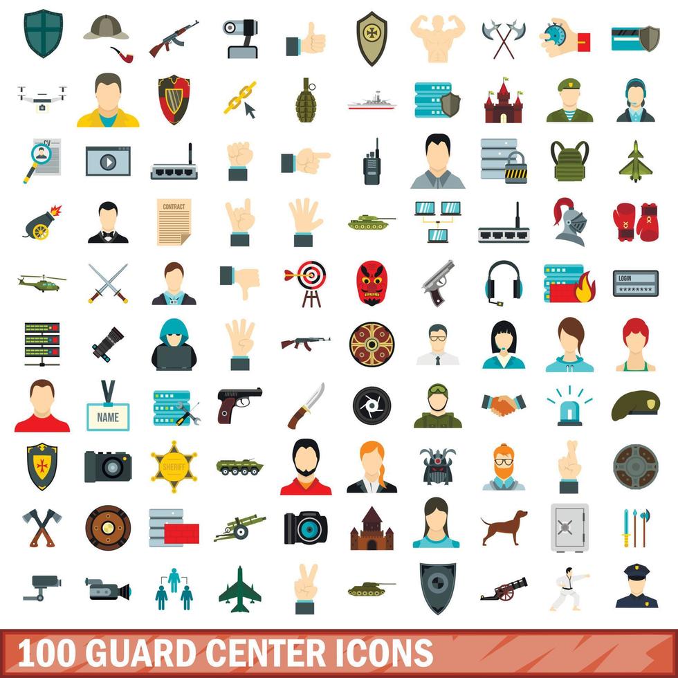 100 iconos del centro de guardia, estilo plano vector