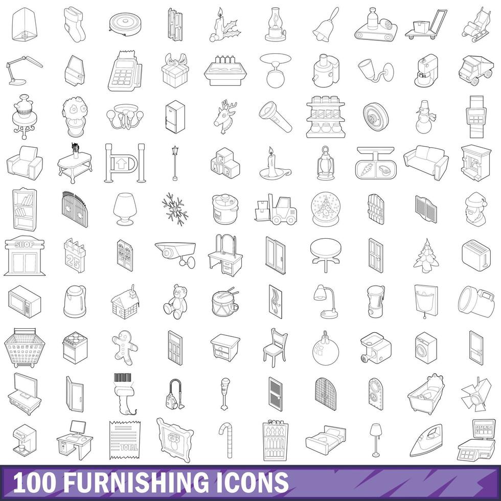 100 furnishing icons set, outline style vector