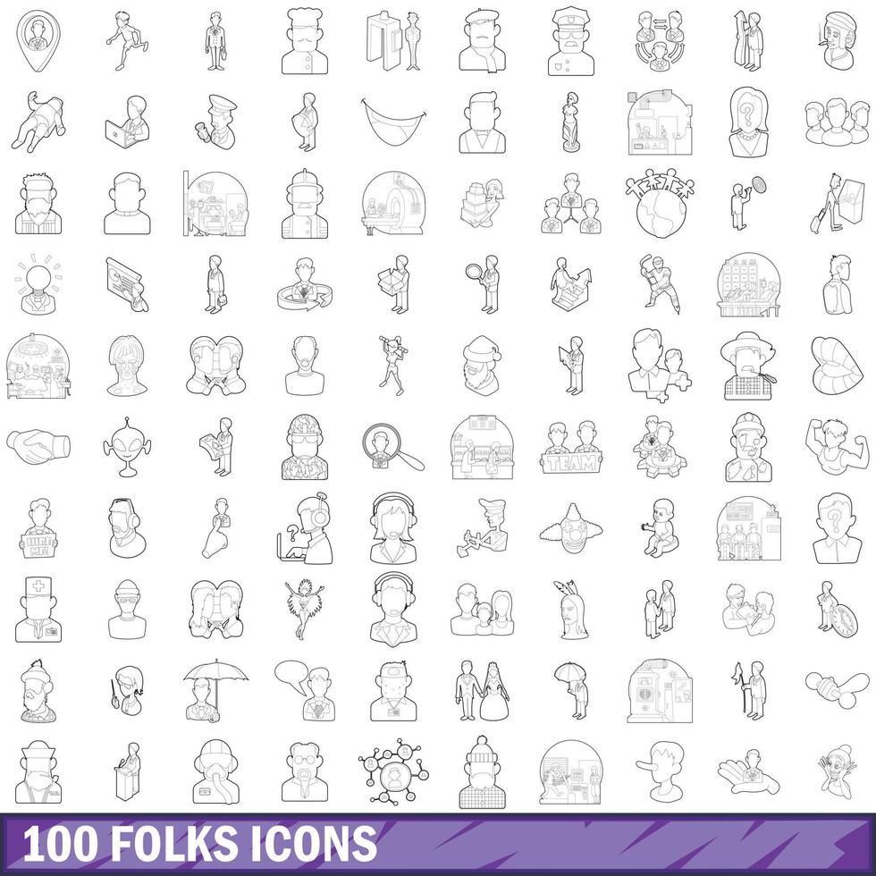 100 folks icons set, outline style vector