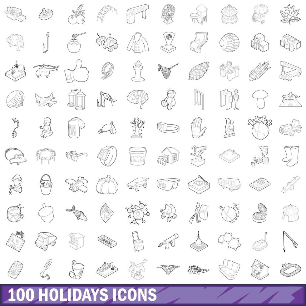 100 iconos de vacaciones, estilo de esquema vector