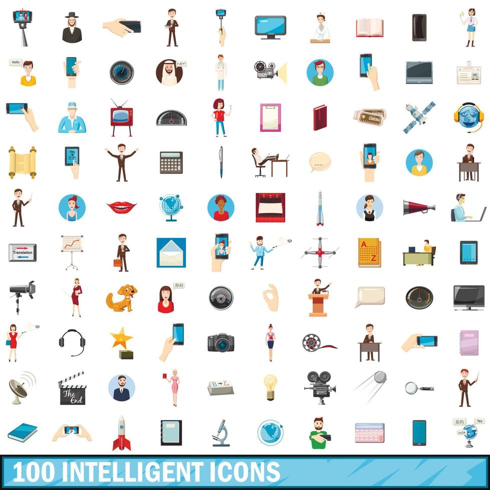 100 intelligent icons set, cartoon style vector