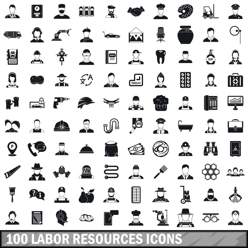 100 labor resources icons set, simple style vector
