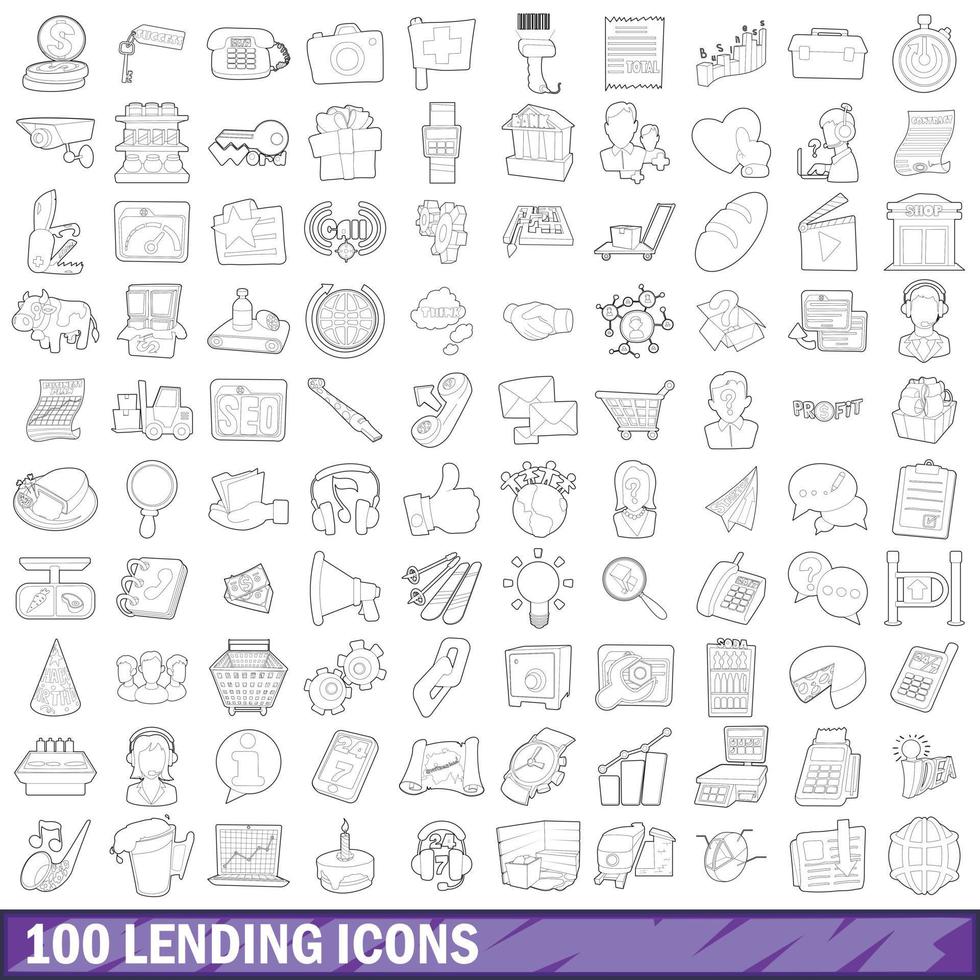 100 lending icons set, outline style vector