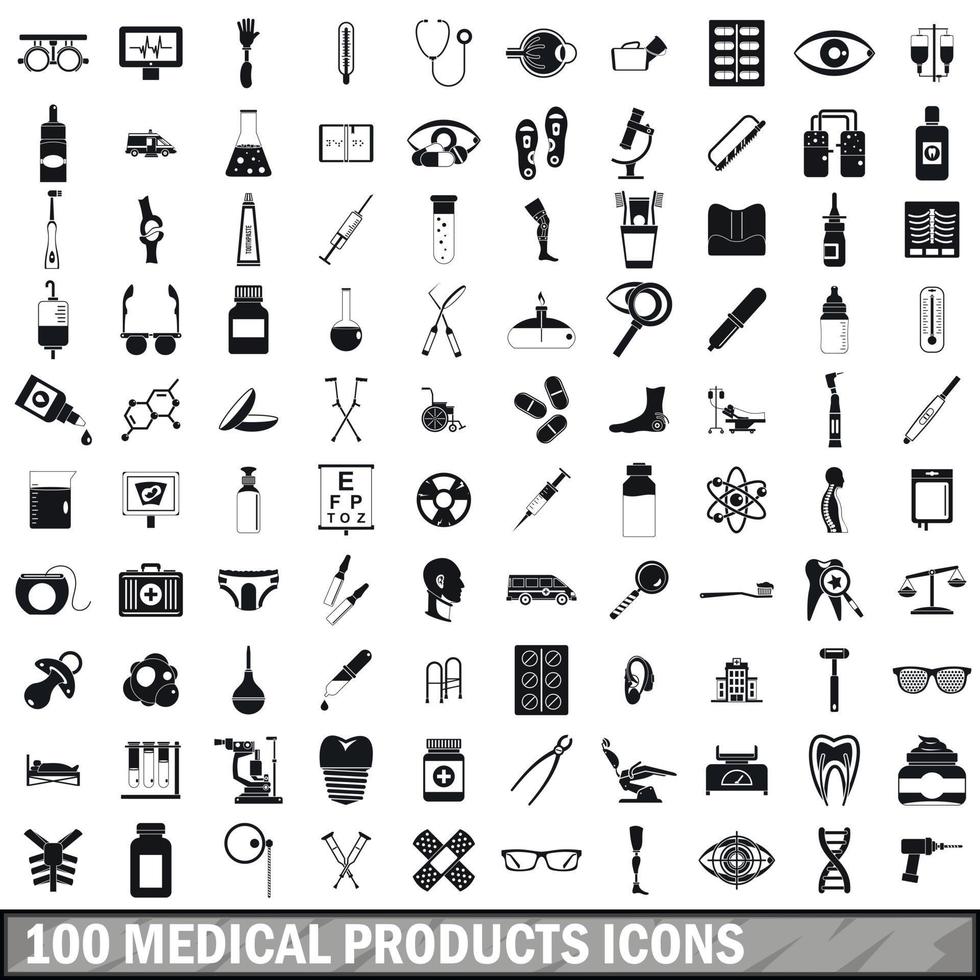 100 productos médicos, conjunto de iconos de estilo simple vector