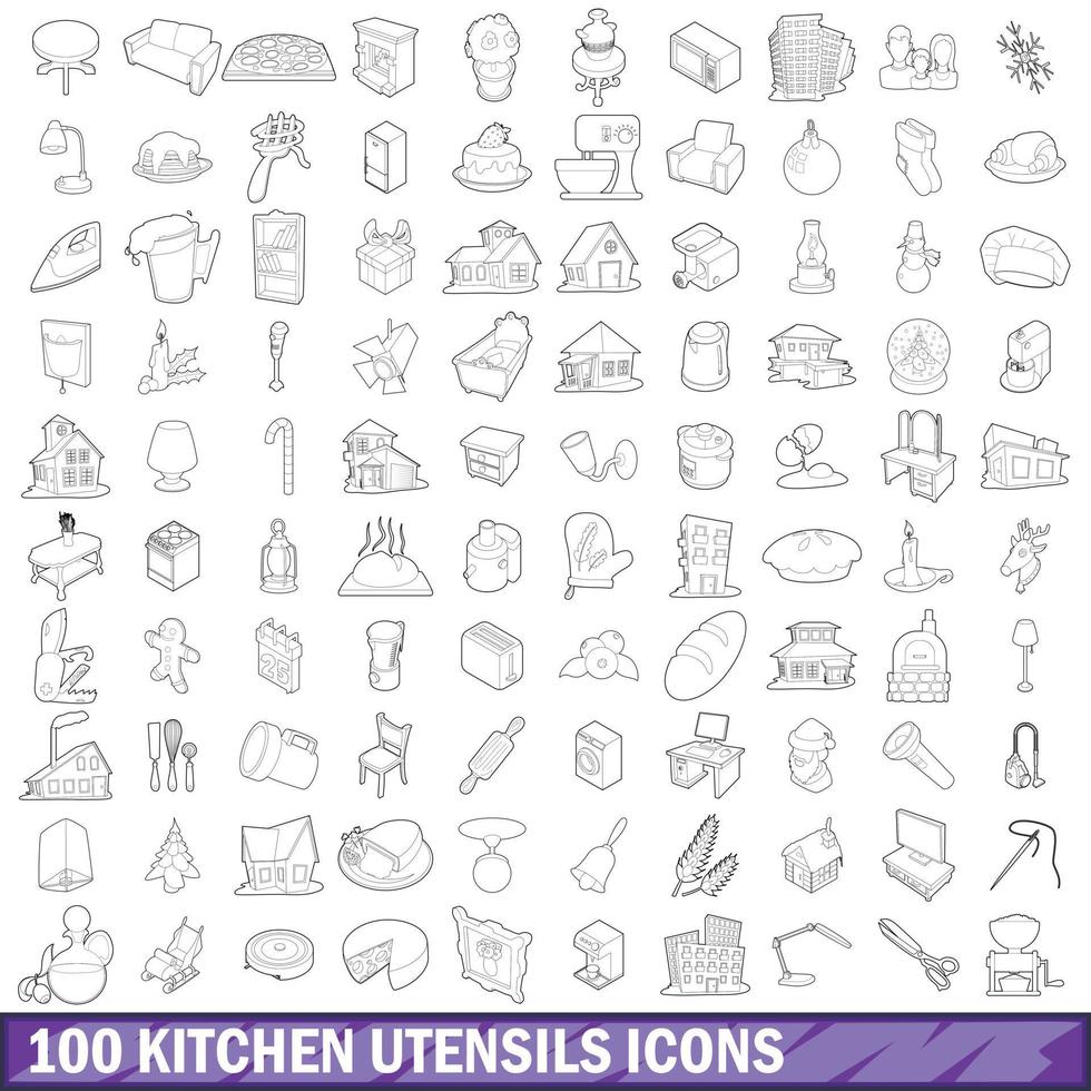 100 kitchen utensils icons set, outline style vector