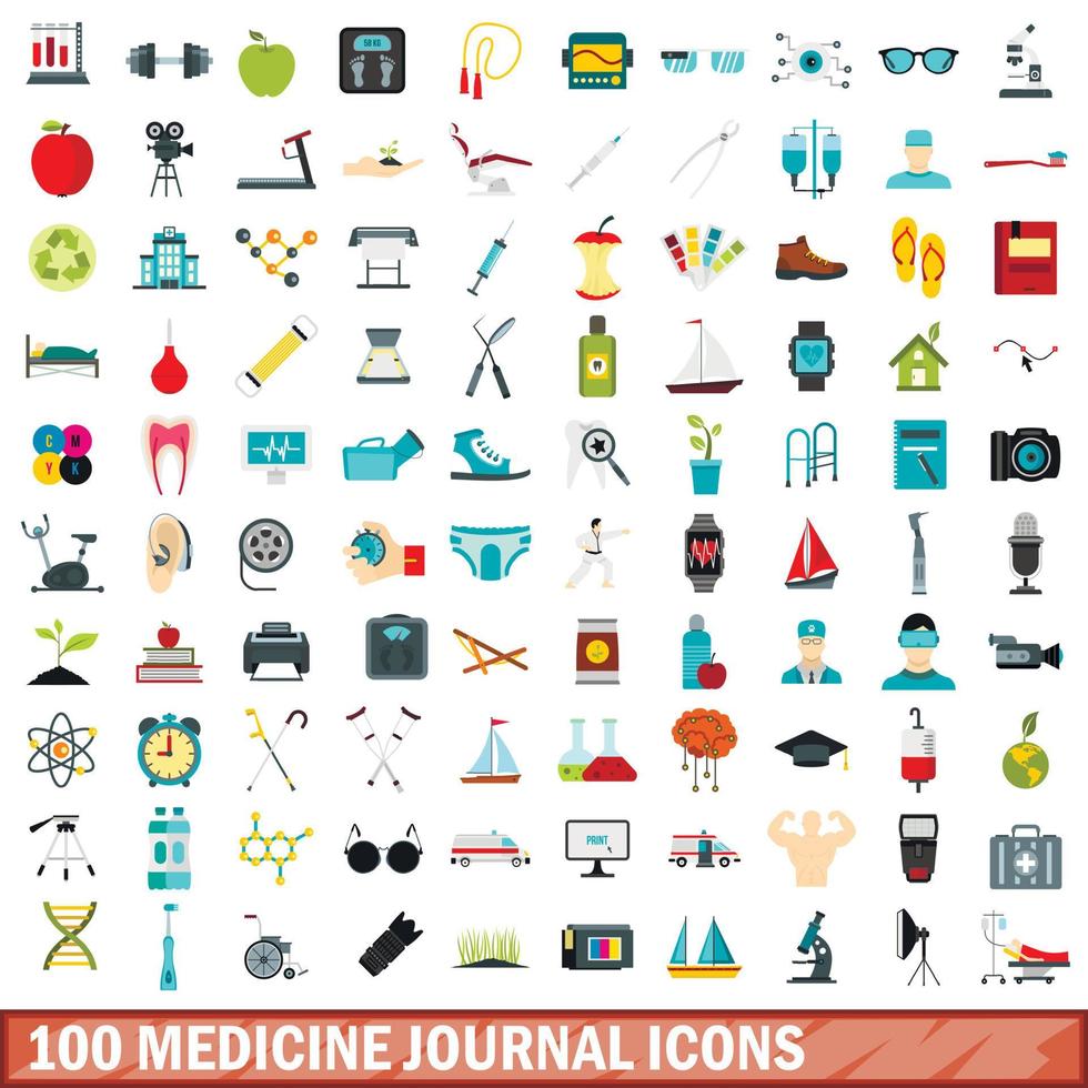 100 medicine journal icons set, flat style vector