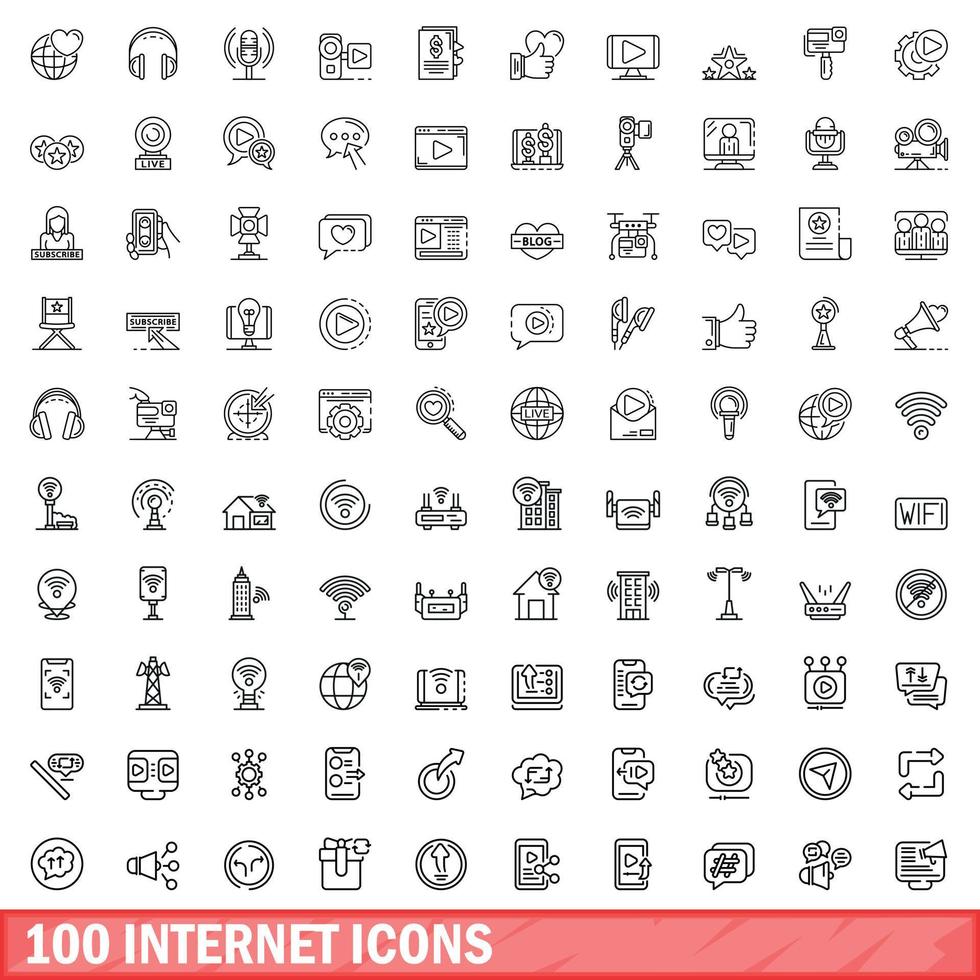 100 internet icons set, outline style vector