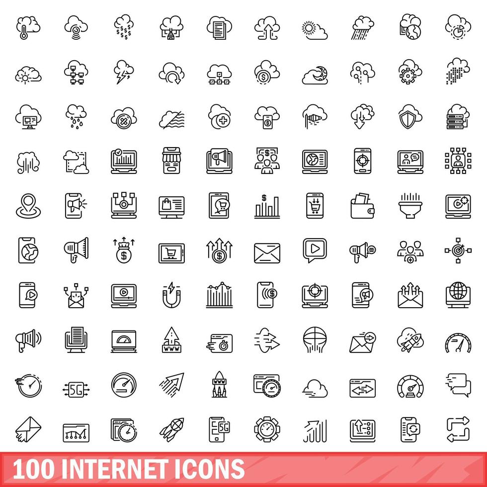 100 internet icons set, outline style vector