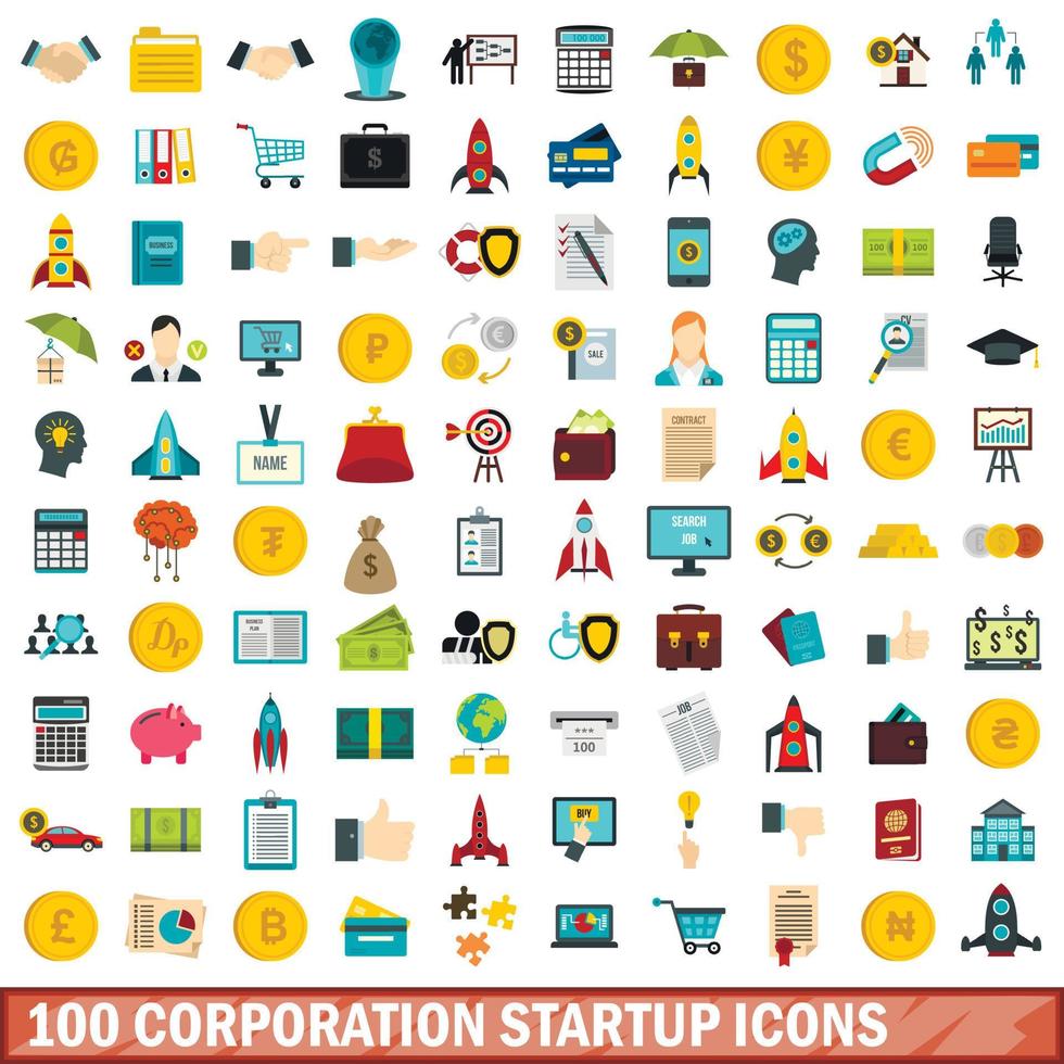 100 corporation startup icons set, flat style vector