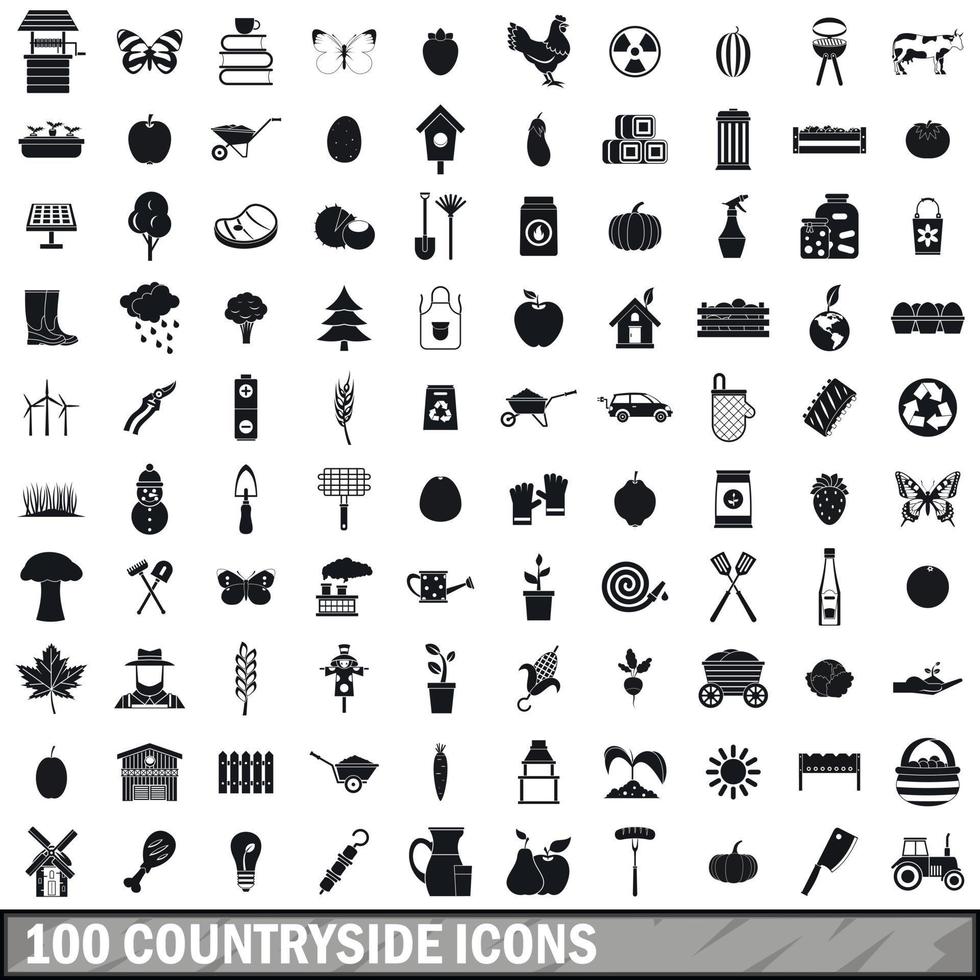 100 countryside icons set, simple style vector