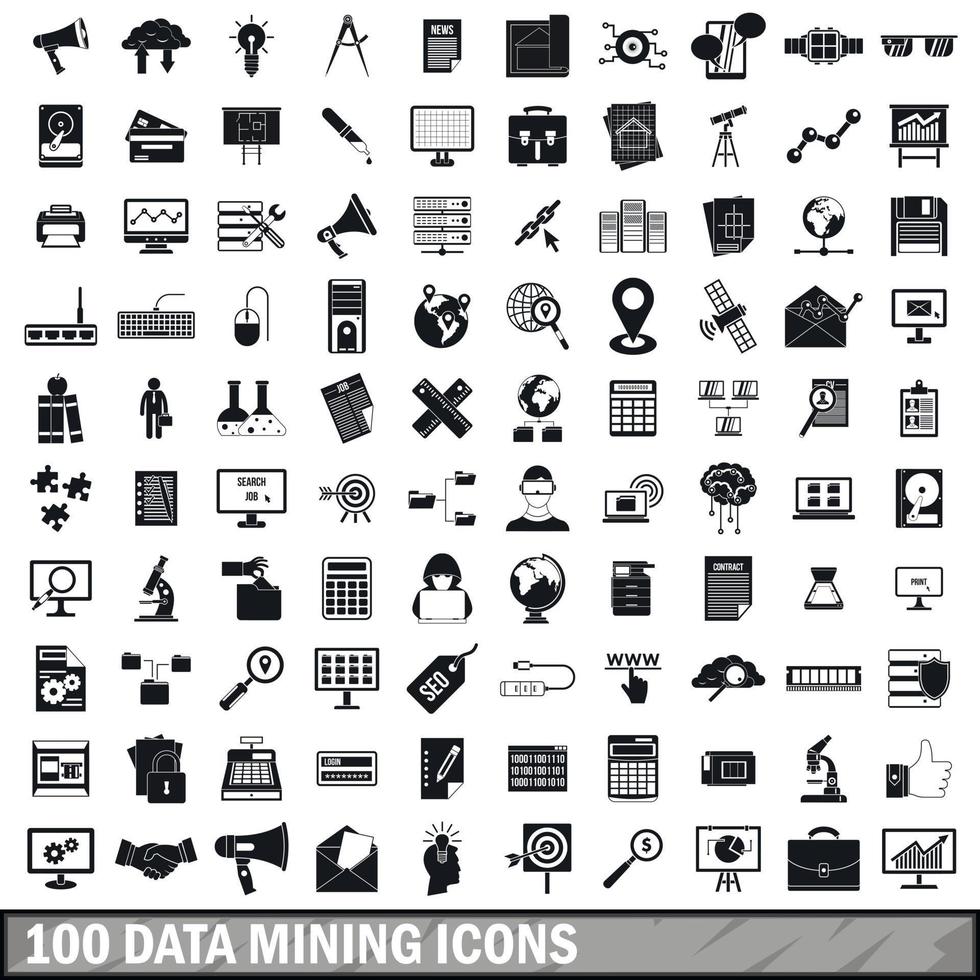 100 data mining icons set, simple style vector