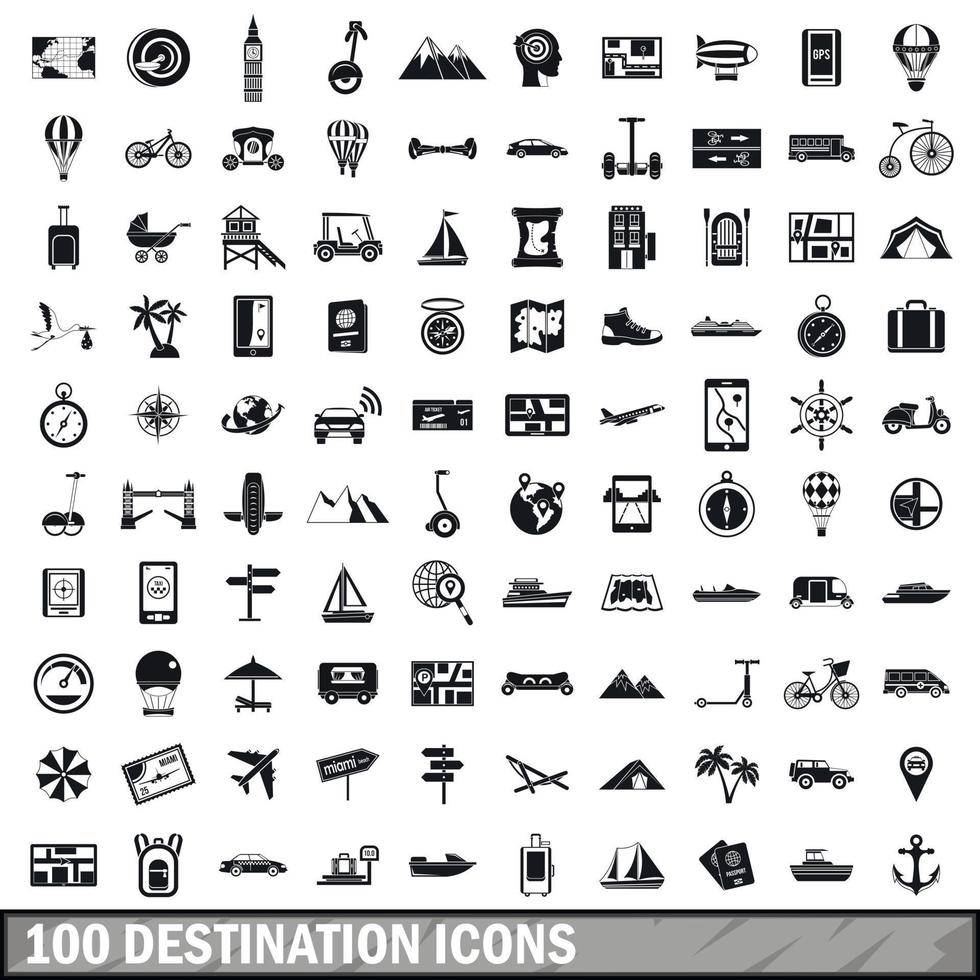 100 destination icons set, simple style vector