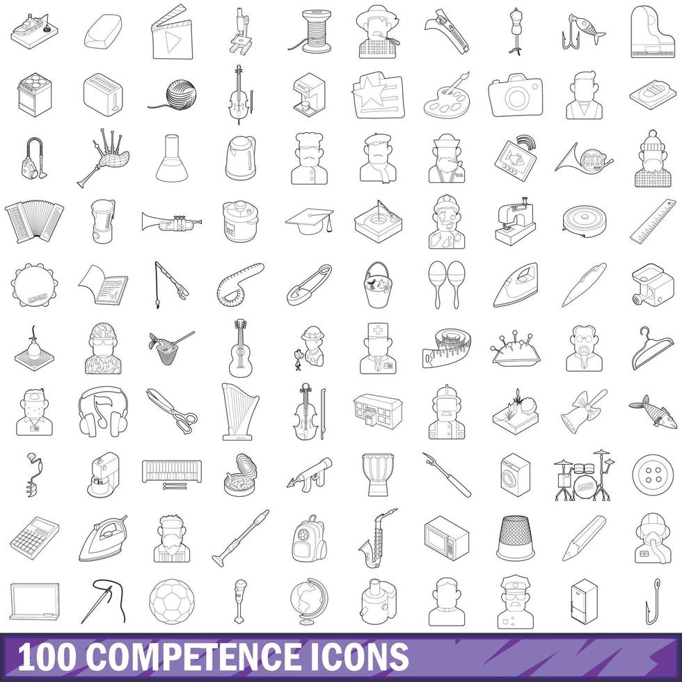 100 conjunto de iconos de competencia, estilo de esquema vector