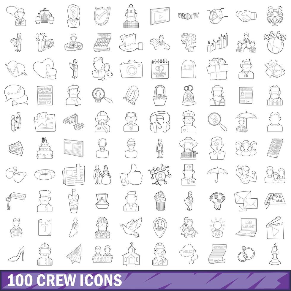 100 crew icons set, outline style vector