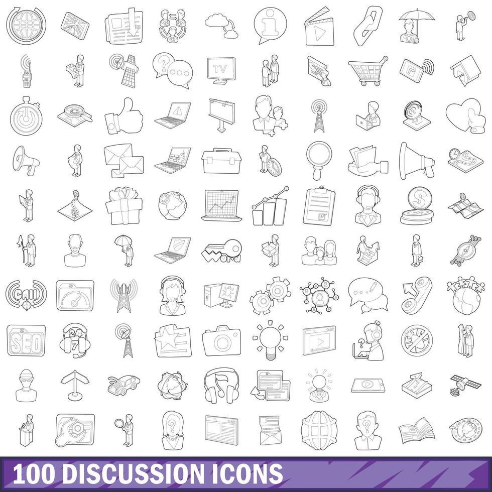 100 iconos de discusión establecidos, estilo de contorno vector