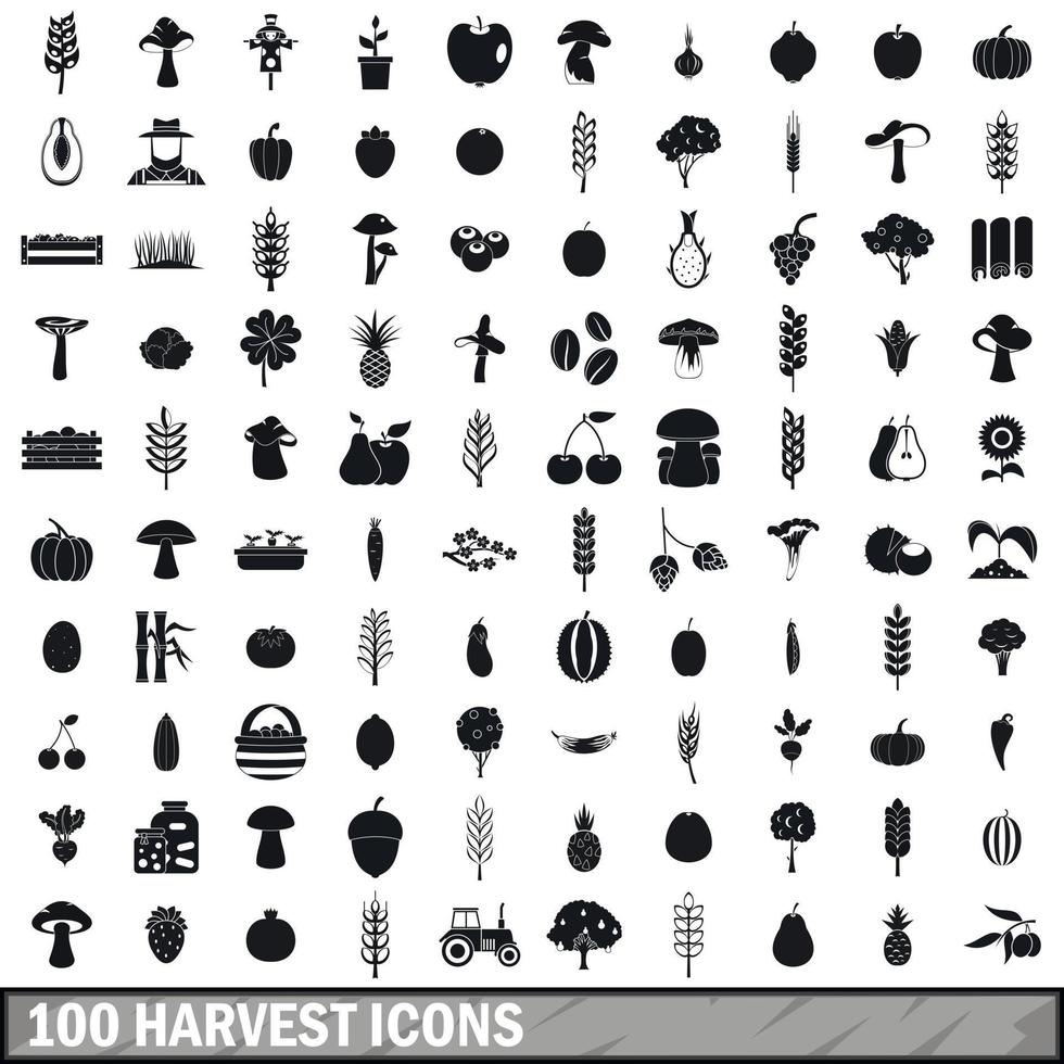 100 harvest icons set, simple style vector
