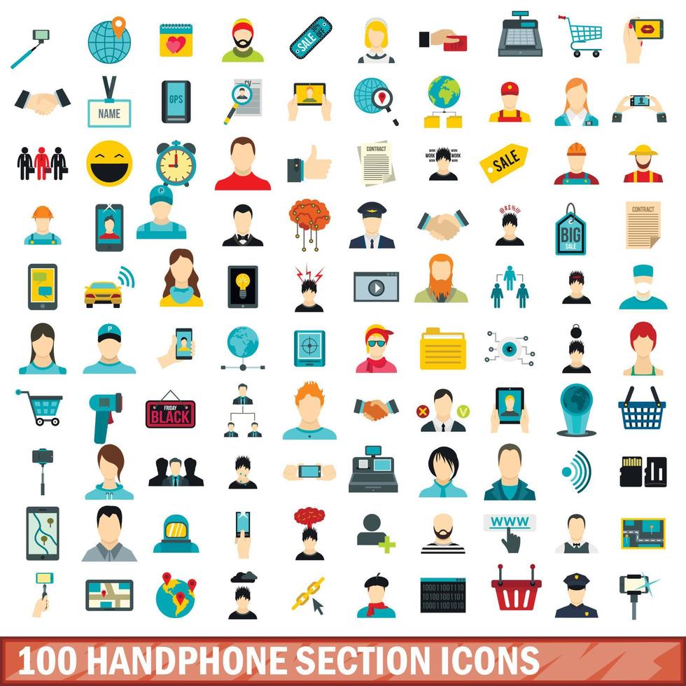 100 iconos de sección de teléfonos móviles, tipo plano vector