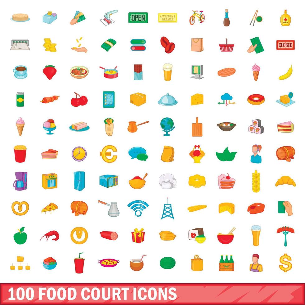 100 iconos de patio de comidas, estilo de dibujos animados vector