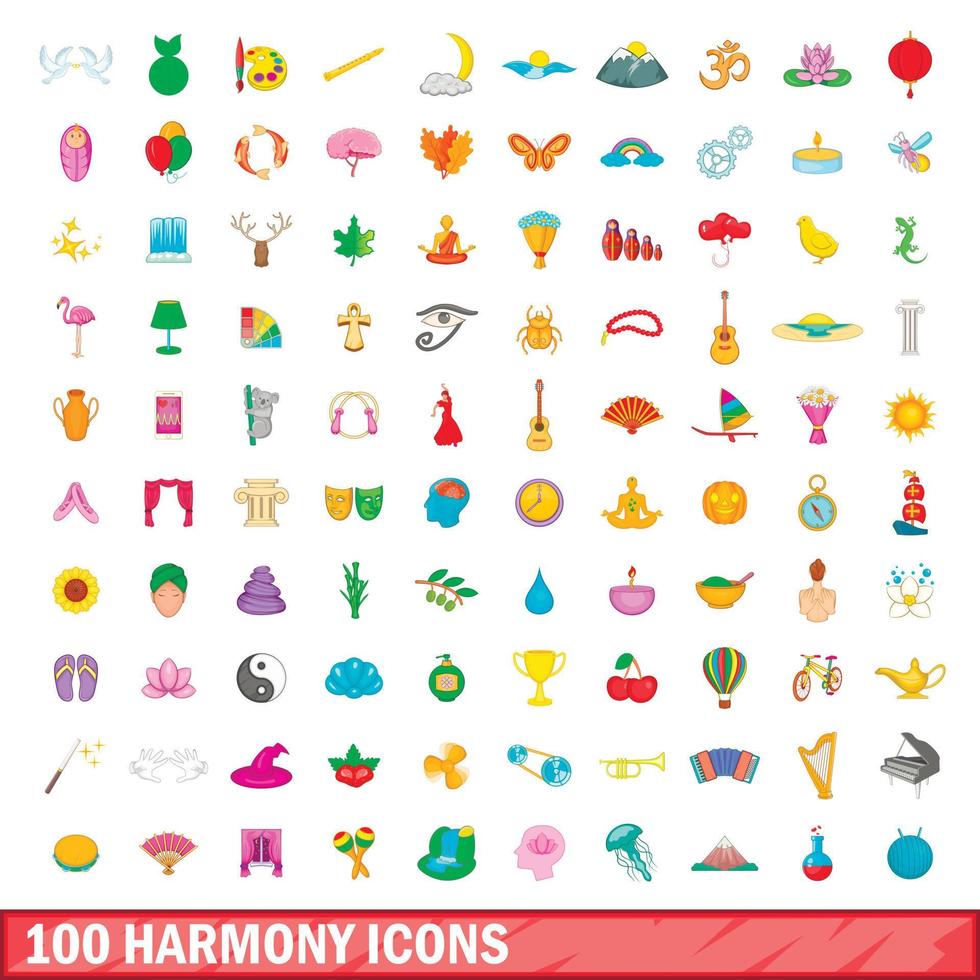 100 conjunto de iconos de armonía, estilo de dibujos animados vector