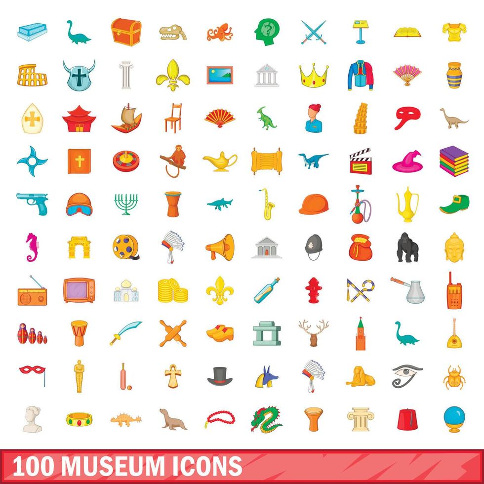 100 museum icons set, cartoon style vector