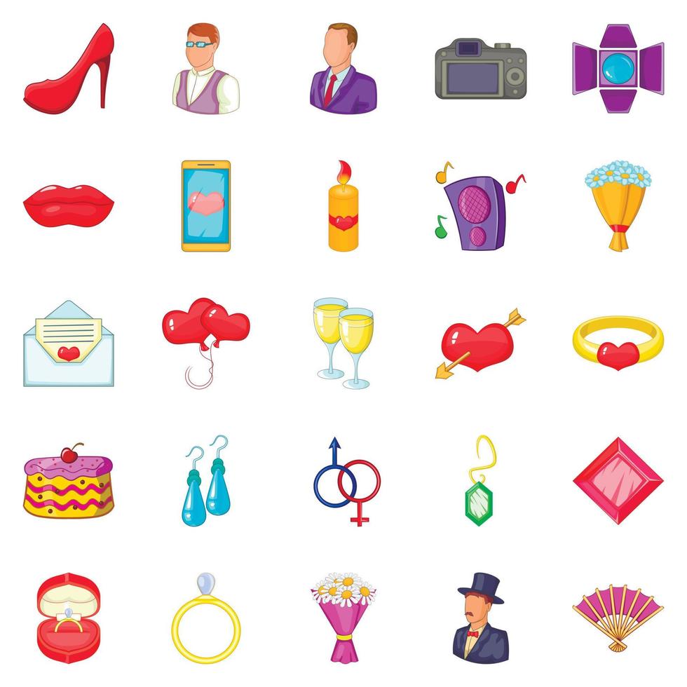 Marriage icons set, cartoon style vector