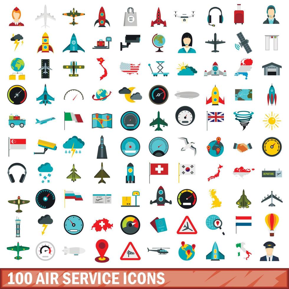 100 air service icons set, flat style vector