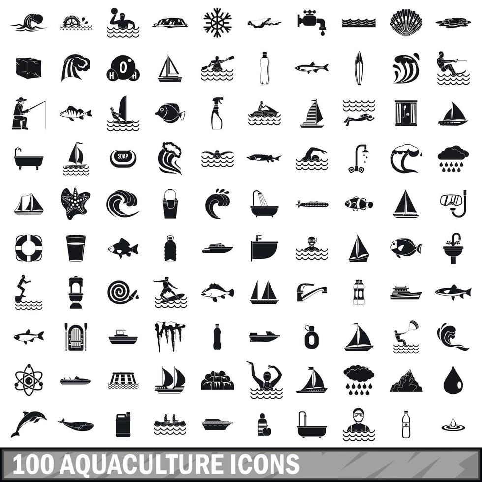 100 aquaculture icons set, simple style vector