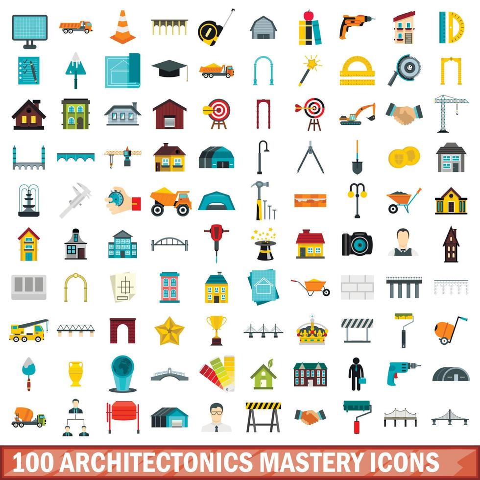 100 architectonics mastery icons set, flat style vector