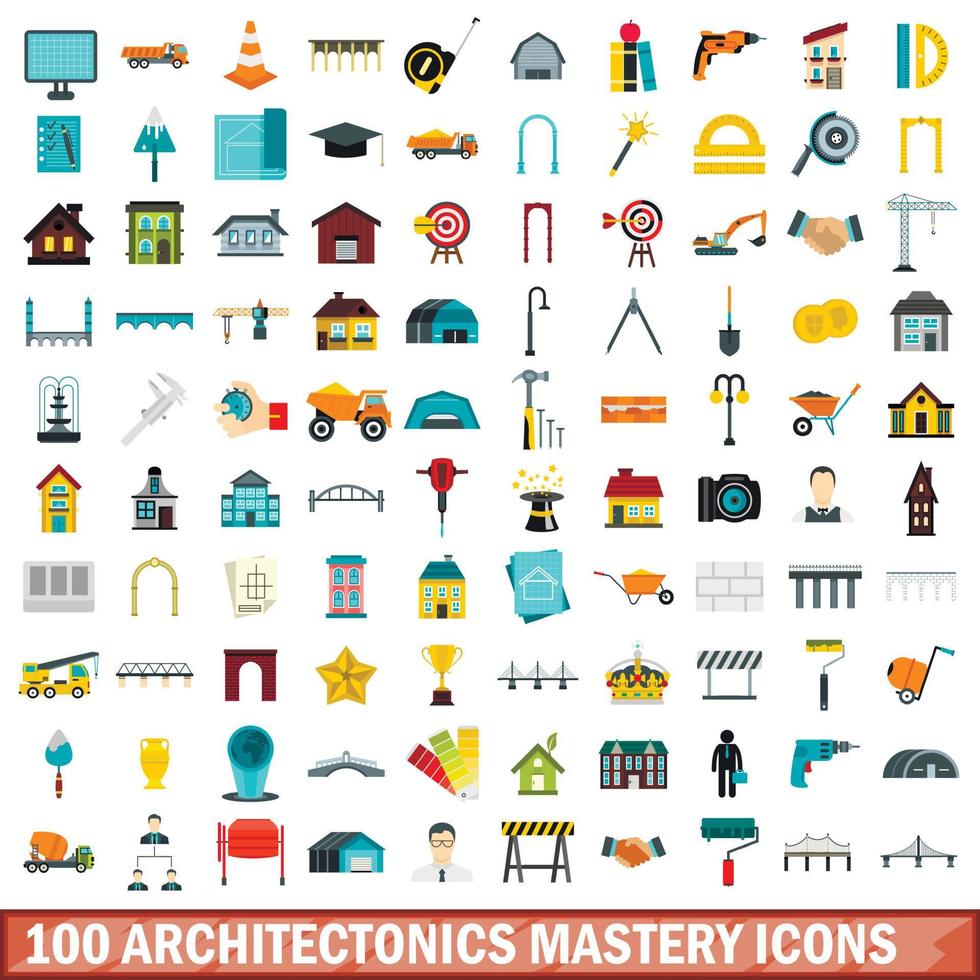 100 conjunto de iconos de dominio arquitectónico, tipo plano vector