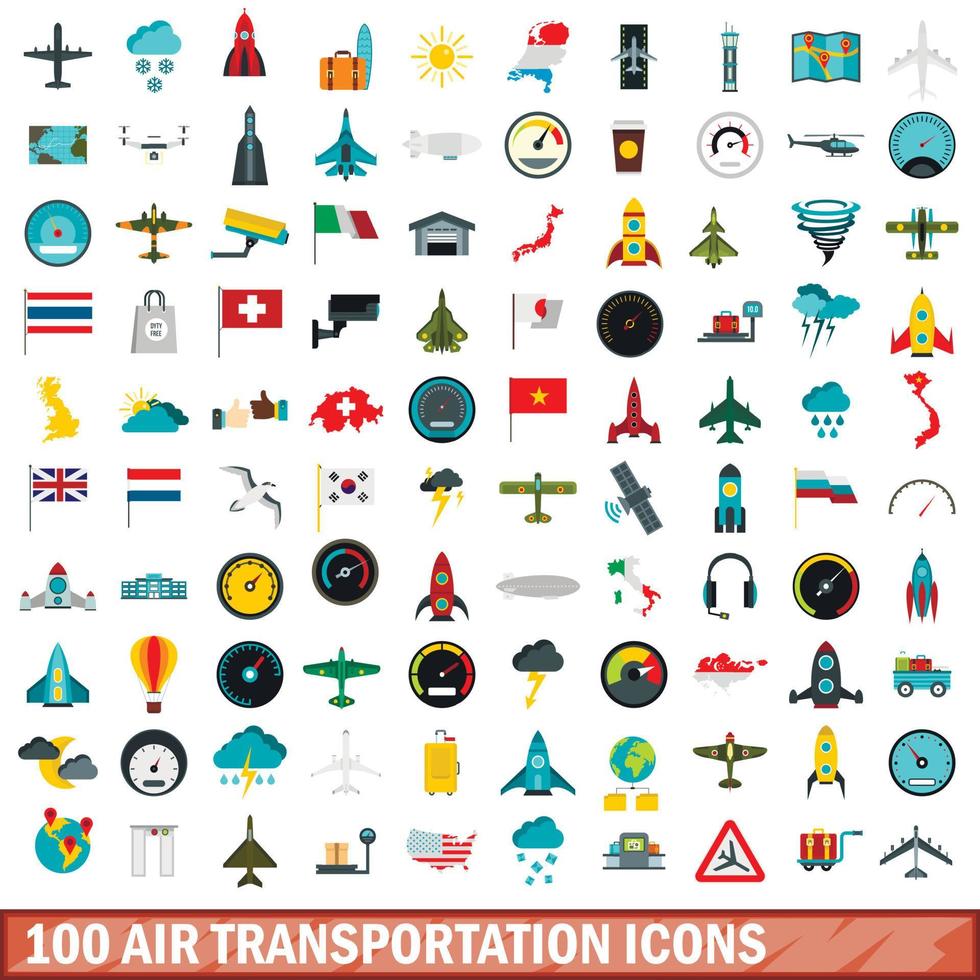 100 air transportation icons set, flat style vector