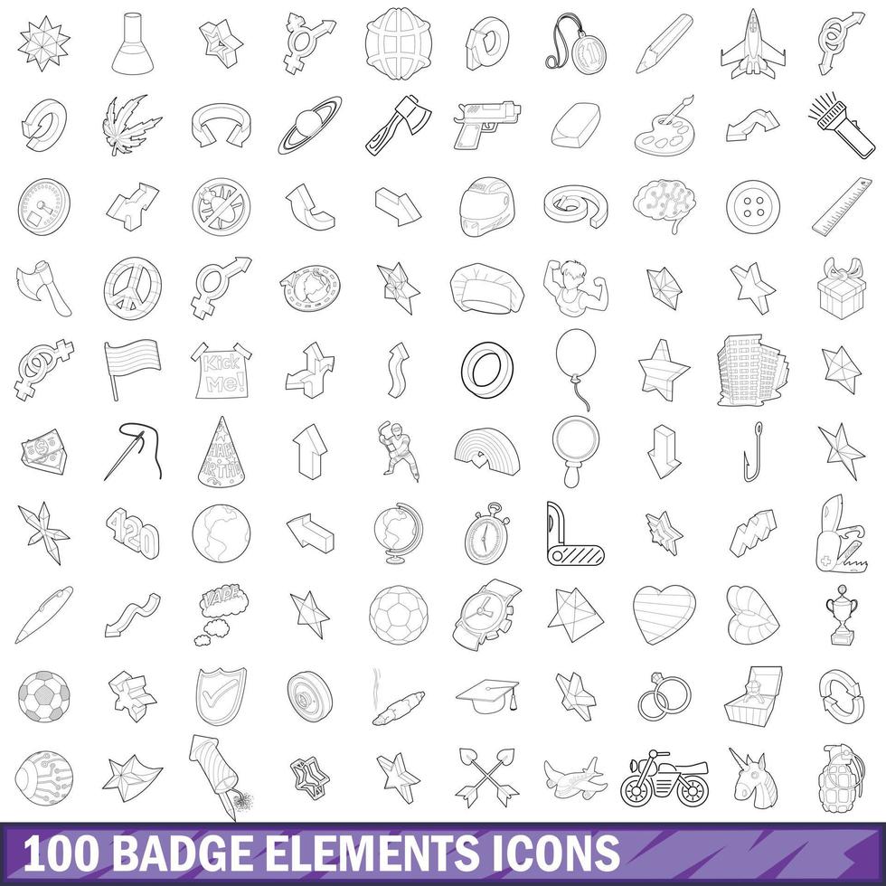 100 badge elements icons set, outline style vector