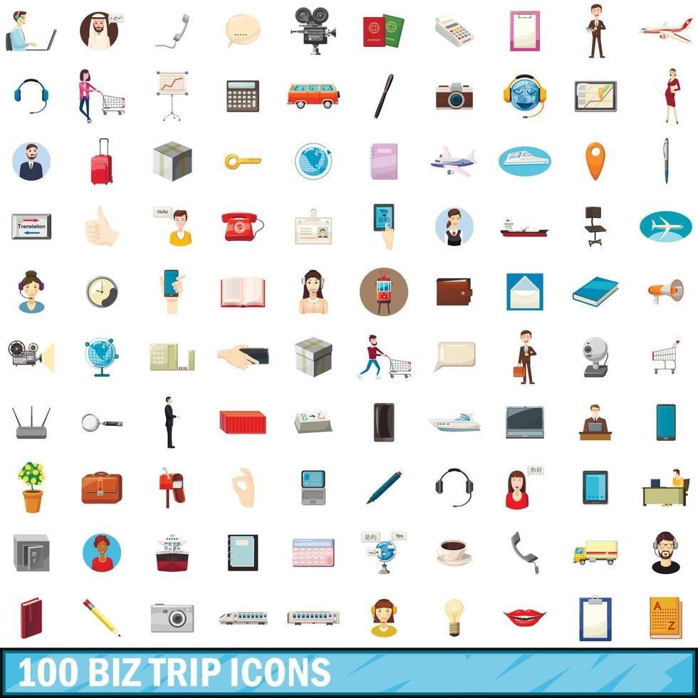 100 biz trip icons set, cartoon style vector