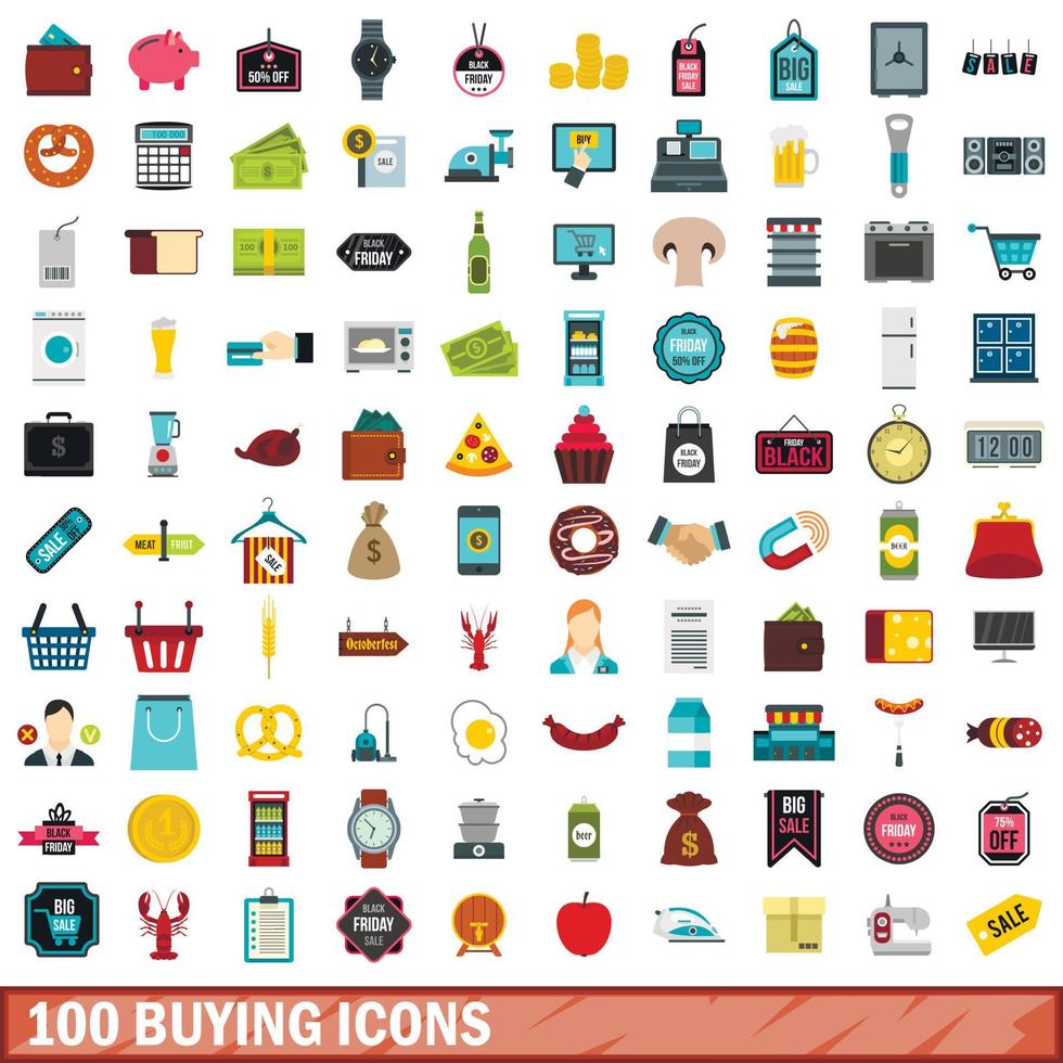 100 conjunto de iconos de compra, estilo plano vector