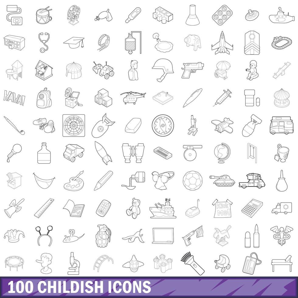 100 childish icons set, outline style vector