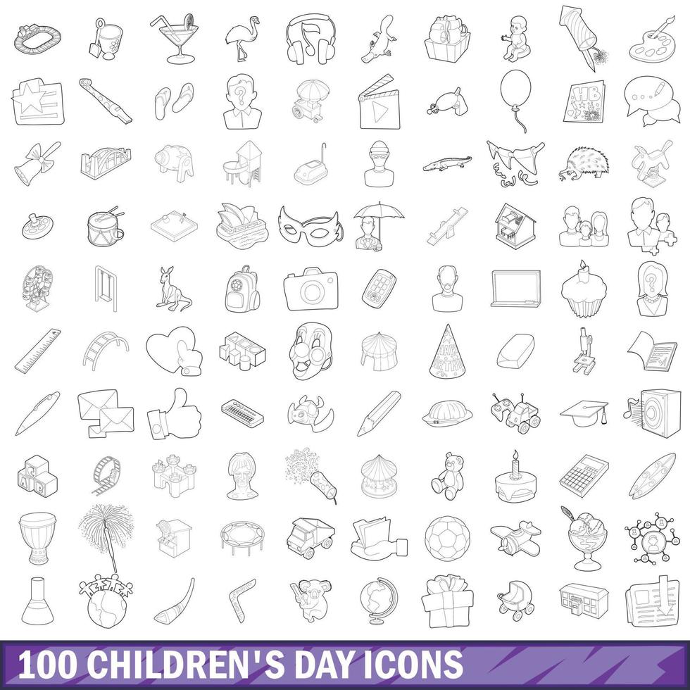 100 children day icons set, outline style vector