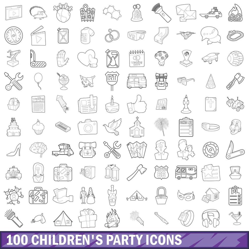 100 children party icons set, outline style vector