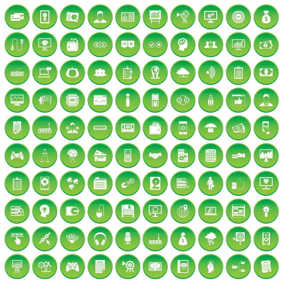 100 iconos de negocios de TI establecer círculo verde vector